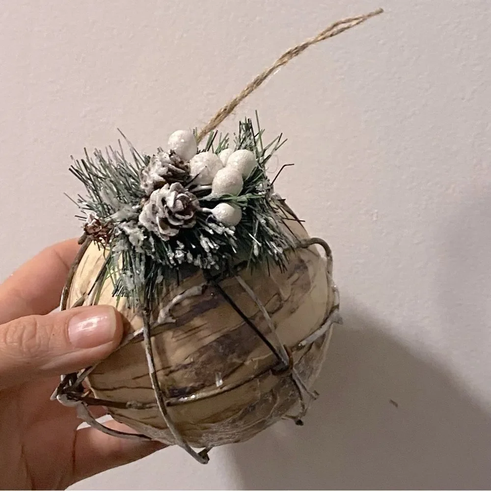 Large birch bark rustic glitter snowy holiday Christmas tree Ornaments set of 4